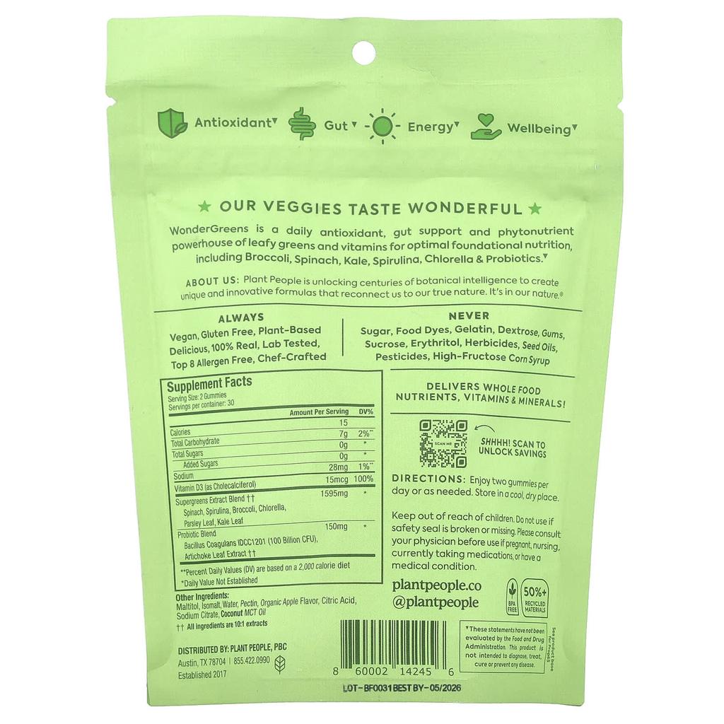 Plant People, wonderGreens®, vegetarische Gummibärchen, grüner Apfel, 60 Gummibärchen