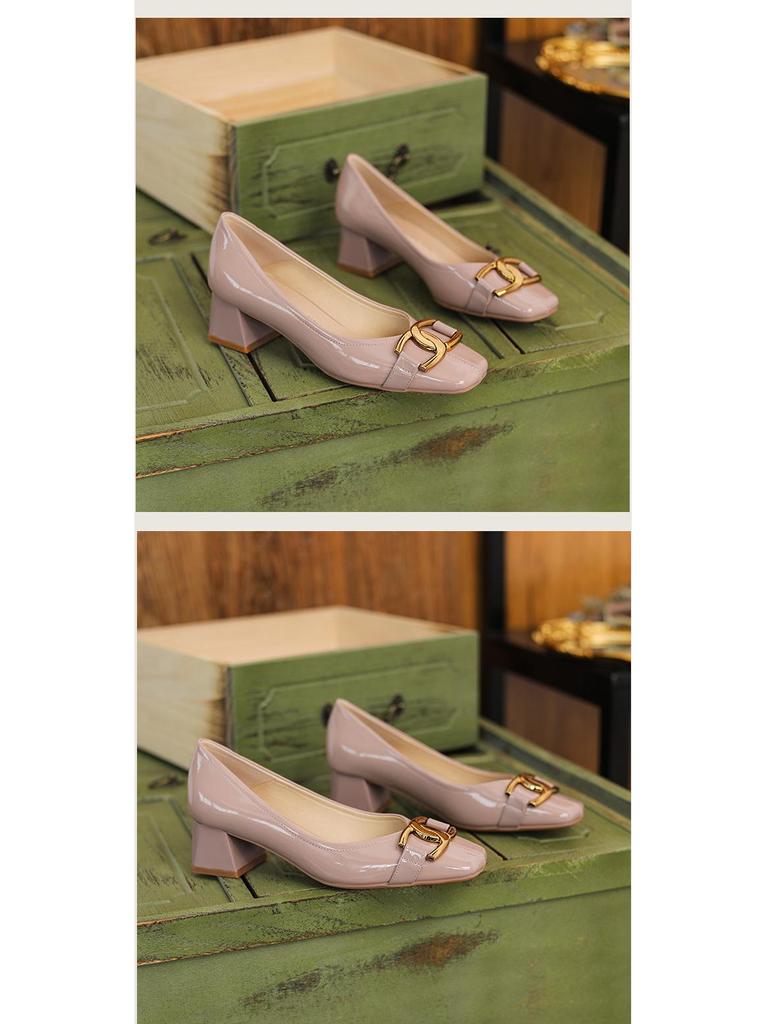 French Retro Sheepskin Patent Leather Square Head High Heels - Women's Two-Way Thick Heels for Autumn