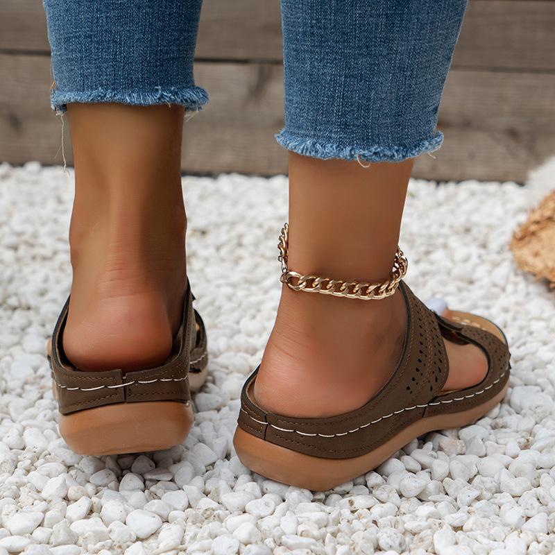 2024 Plus Size Casual Round Toe Cross Strap Hollow High Heel Women's Wedge Slippers