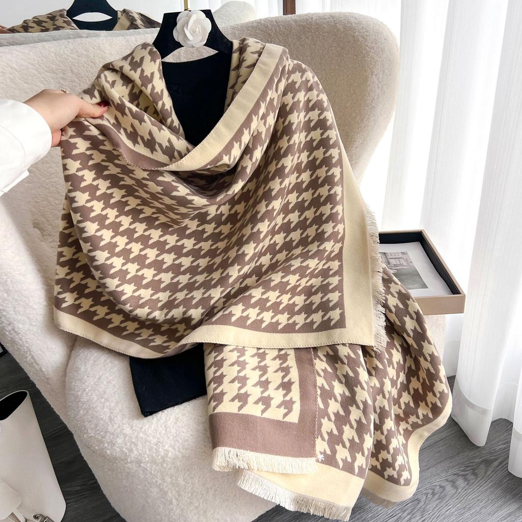 Women Retro Houndstooth Knitted Scarf Headscarf Elegant Ladies Warm Scarve Mujer Party Business Formal Wrap Shawl New Winter