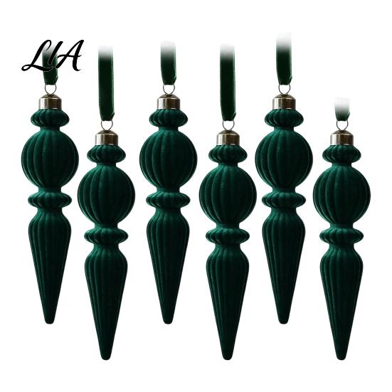 Retro Icicle Hanging Decorations 6Pcs Christmas Flocked Pendant with Lanyard, Creative Tree Hanging, French Vintage Style Baubles Shape Ornaments for