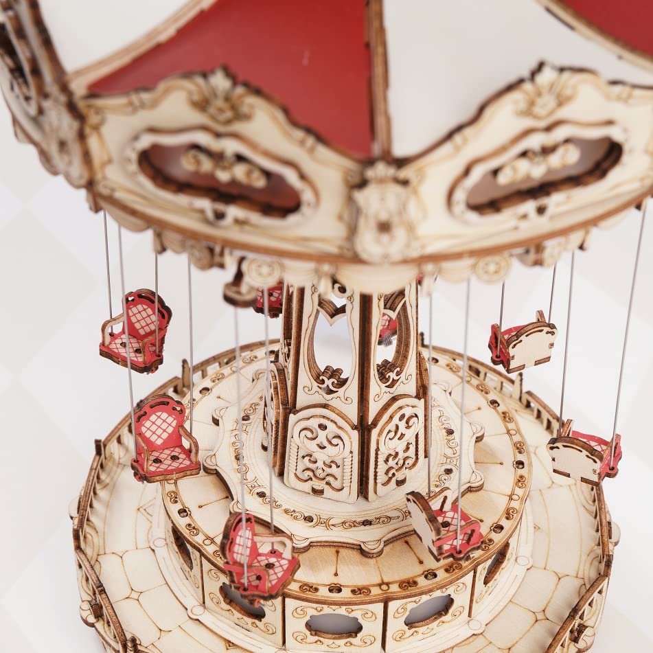 Tsukurundesu Anshin 3D Wooden Puzzle Amusement Park Series (Swing Ride) Swing, Spinning Attraction, Miniature, Lights Up, Spins, Includes Japanese