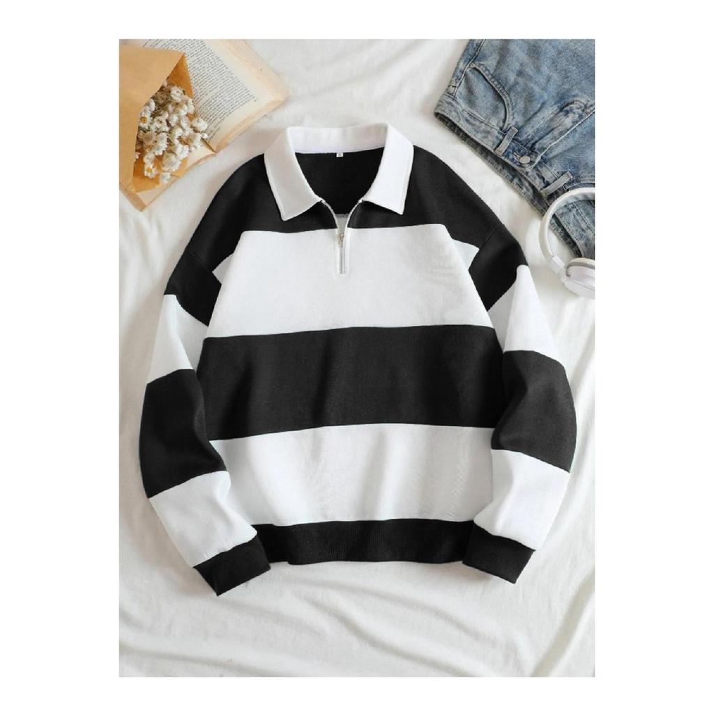 Unisex Green Striped Oversize Polo Neck Half Zipper Sweatshirt