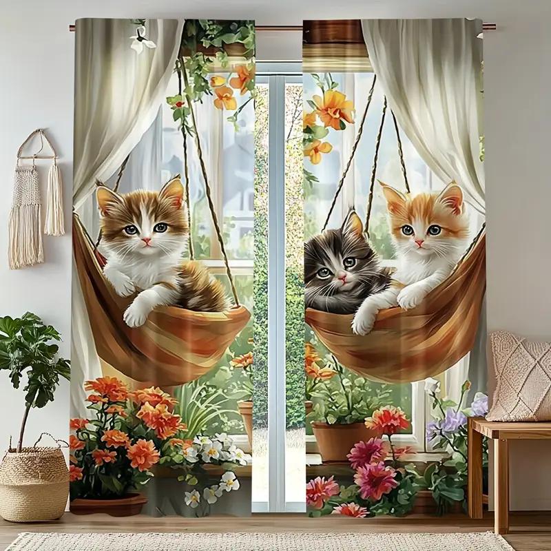 2PCS- Charming Cat and Flower Print Curtains, Pole Bag Curtains, Bedroom and Living Room, Home Decoration, Room Decoration