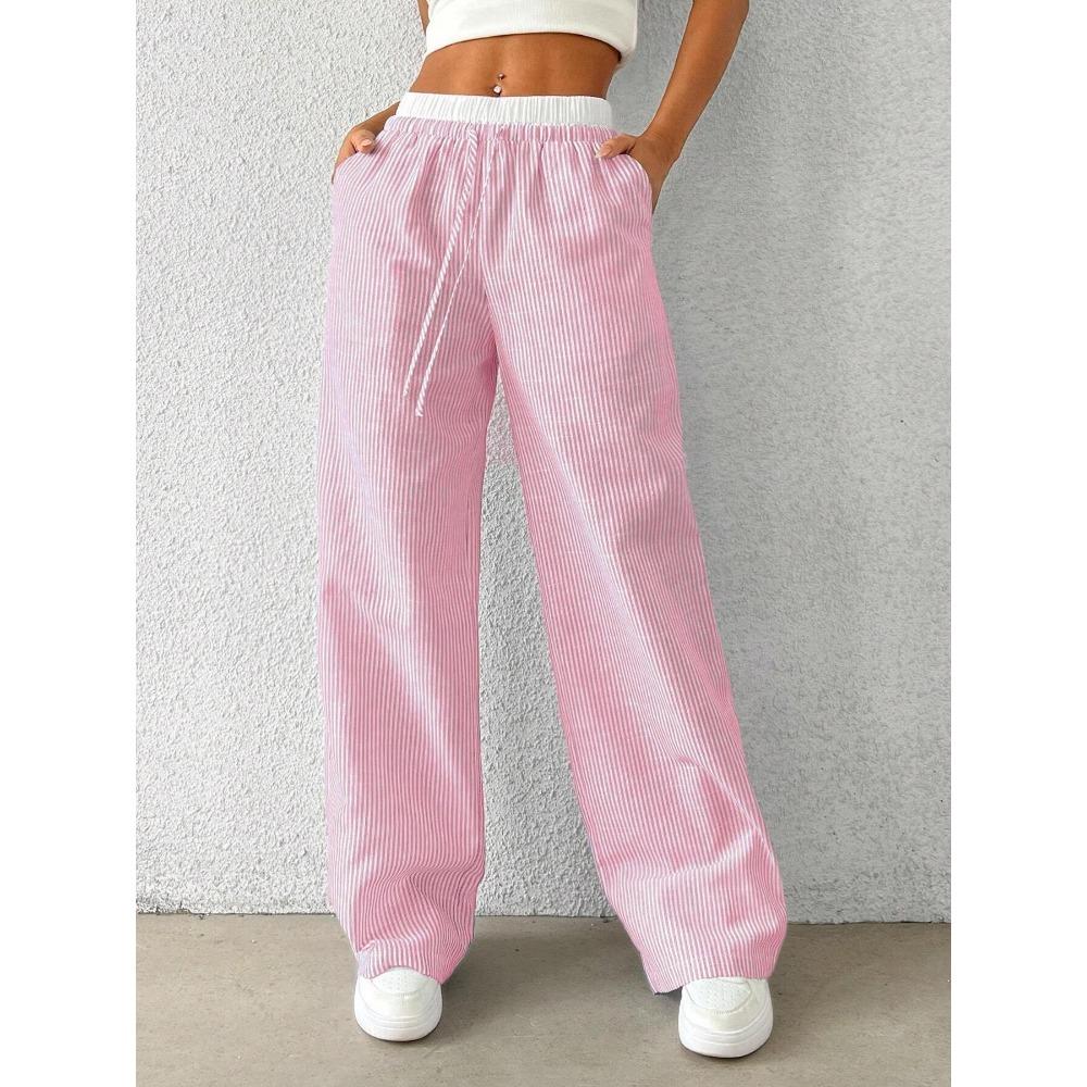 2025 New Amazon European and American Cross-border Women's Fashion Stripe Plaid Insert Color Loose Wide Leg Pants Casual Pants