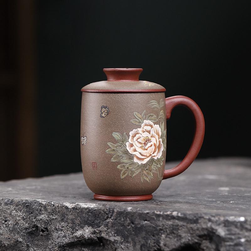 111ml Yixing Handmade Purple Clay Peony Coffee Mug Couple Handgrip Cups Afternoon Tea Mug Office Water Cup Tea Services Gift