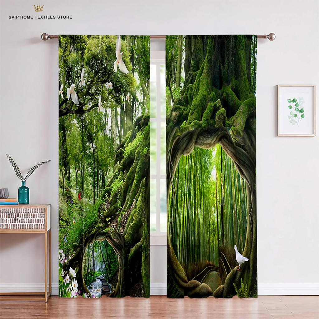 Woodland Forest Foliage Sunbeams Tulle Curtains, Sheer Voile Curtains, Window Decor, Living Room, Bedroom, Kitchen