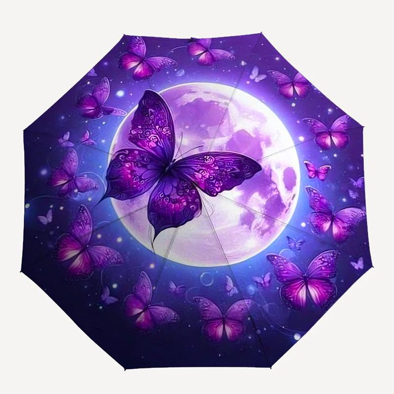 1pc Purple Moonlit Butterflies Umbrella with Plastic Handle,Suitable for All Seasons UmbrellaPT504