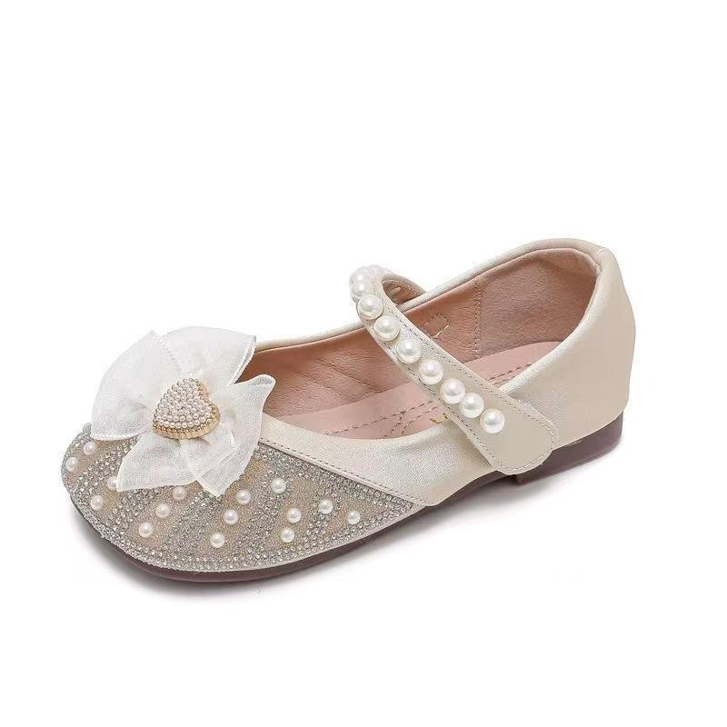 2026 Spring Girls' Princess Pearl Bow Leather Dress Shoes with Rhinestones - Korean Style, Soft Sole
