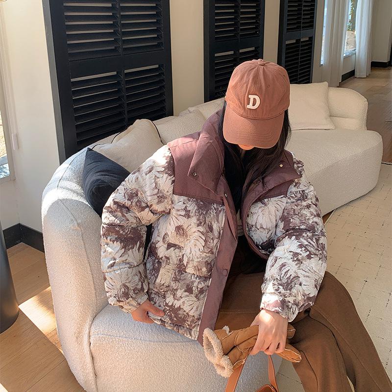 Abrigo Corto Estampado con Cuello Alto y Acolchado Grueso de Algodón Chaqueta de Invierno