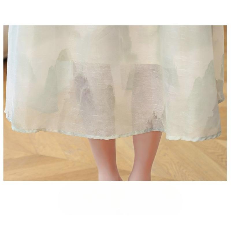 Fashion High Waist Summer Dress Floral Print Chinese Style Midi Short Sleeve
