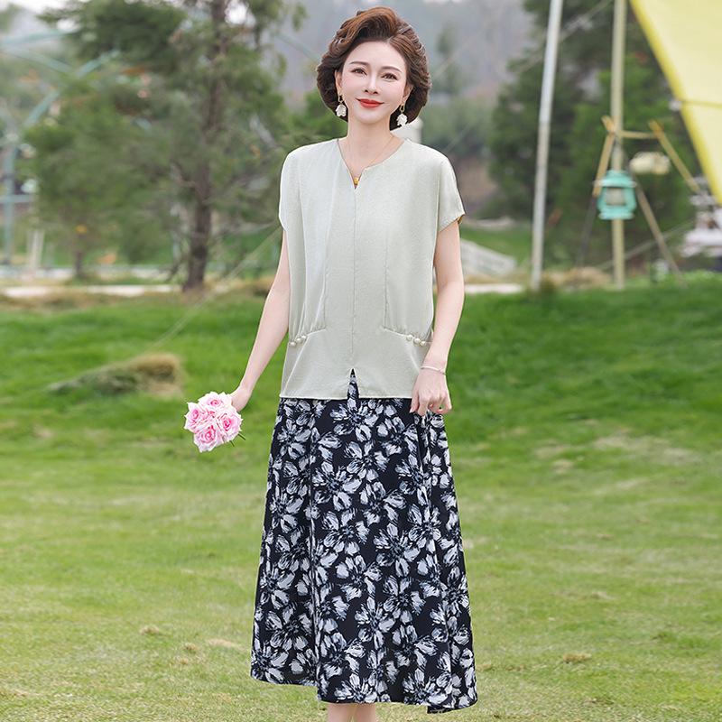 

Summer Mom Print Short Sleeve Suit - 2026 New Style Middle-aged and Elderly Fashion Loose Two-piece Set XL чирковый