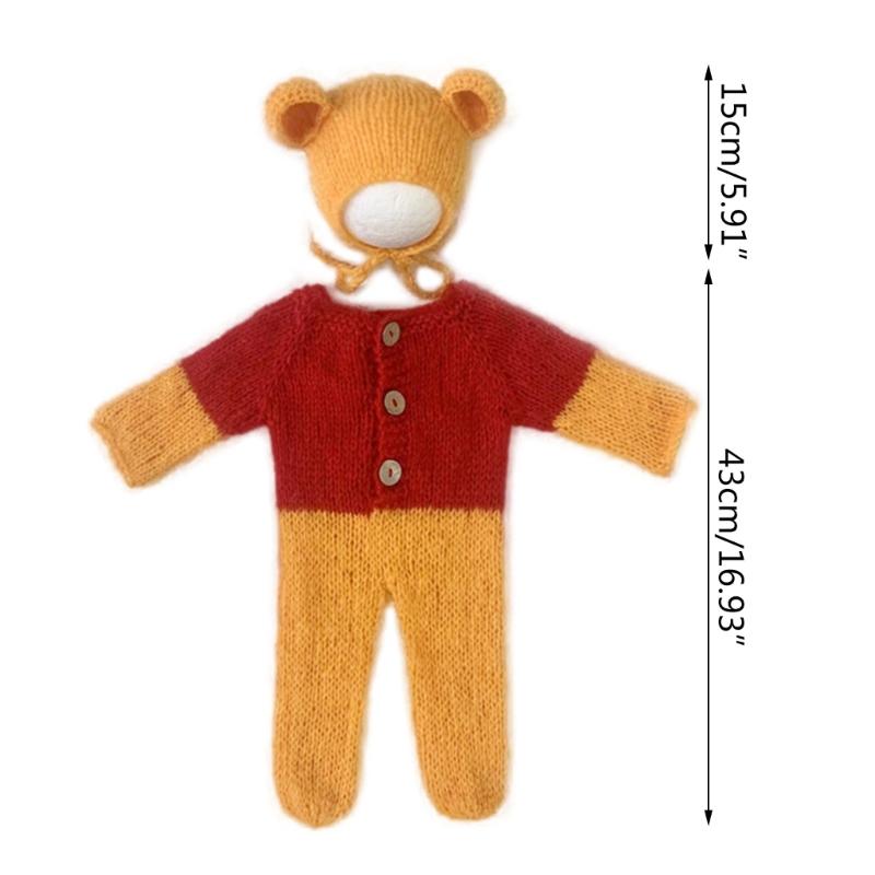 2pcs/set Newborn Photography Props Outfits Mohair Bear Hat & Footed Romper for Baby Photo Props Bodysuit Newborn Photo