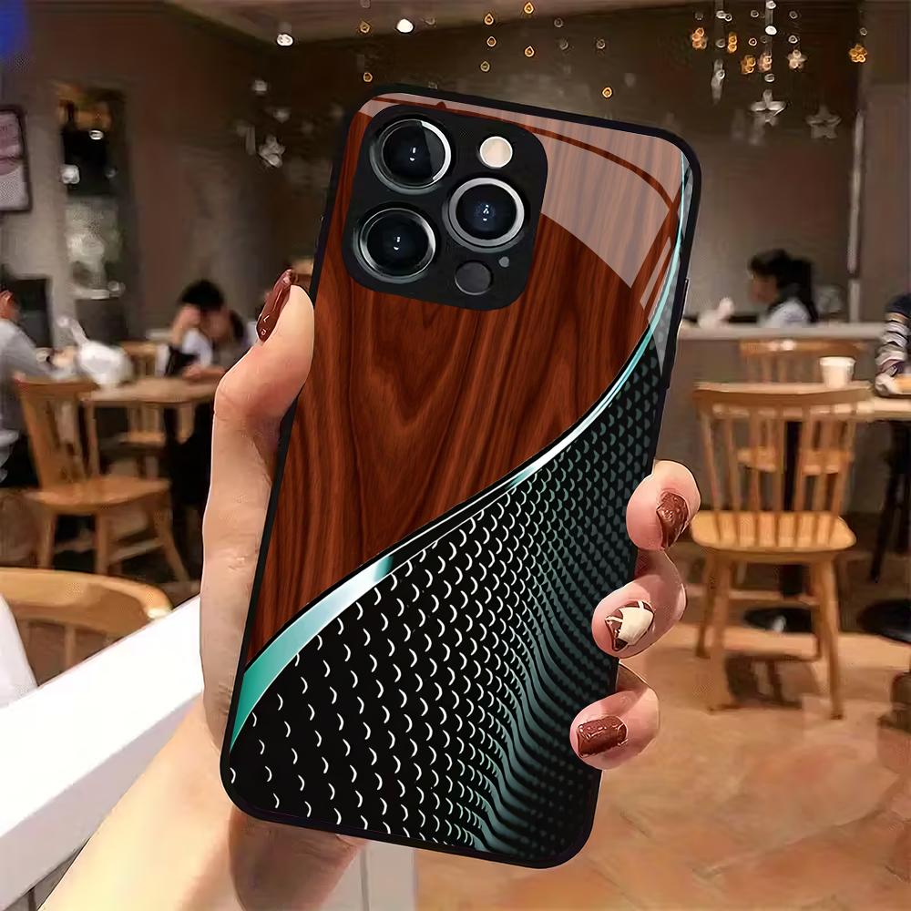 Wood grain line splicing pattern tempered glass phone case suitable for iPhone 17 16 15 14 13 12 11 Pro Max Plus shockproof