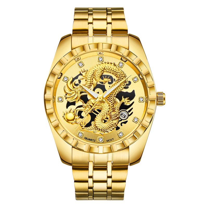 WLISTH Módní zlaté hodinky s drakem Pánské Luxusní Nerezová ocel Business Casual Křemenné Náramkové hodinky Datum Pánské Náramkové hodinky