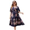 Plus-Size Navy Blue V-Neck Print Summer Dress