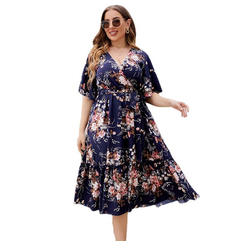 Plus-Size Navy Blue V-Neck Print Summer Dress