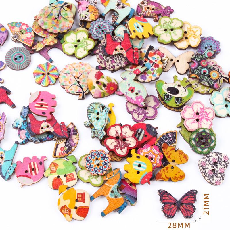 10pcs Rustic Handmade Wooden Buttons, Decorative Hand-Painted DIY Floral, Butterfly & Tree Designs for Crafts