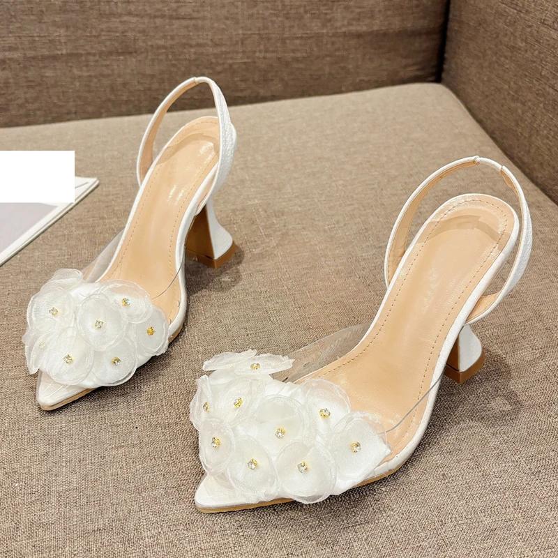 Fashion Eilyken Designer Slingbacks Pointed Toe Flower PVC Transparent Women Pumps Crystal High Heels Party Elegant Female Shoes