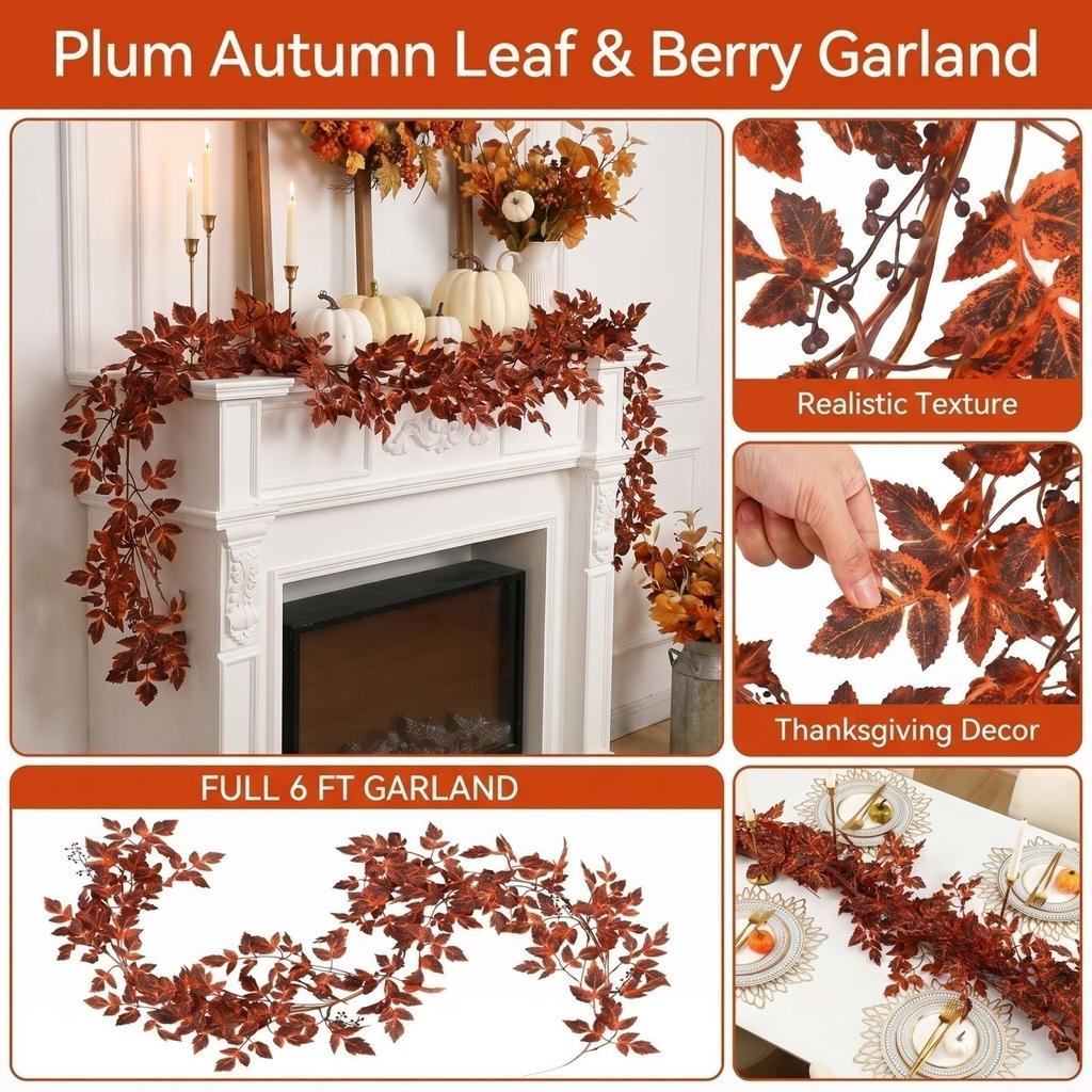 Artificial Climbing Vine Garland with Leaves and Flowers for Autumn Seasonal Decoration Suitable for Fireplace Mantel Thanksgiving and Halloween Decor