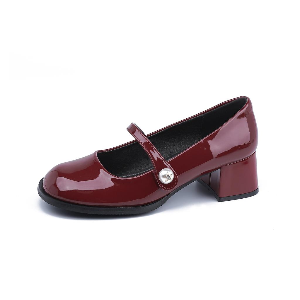 2025 New French Mary Jane Shoes Women's Pearl One-word Buckle Light Mouth Thick Heel Single Shoes Red High Heels Women
