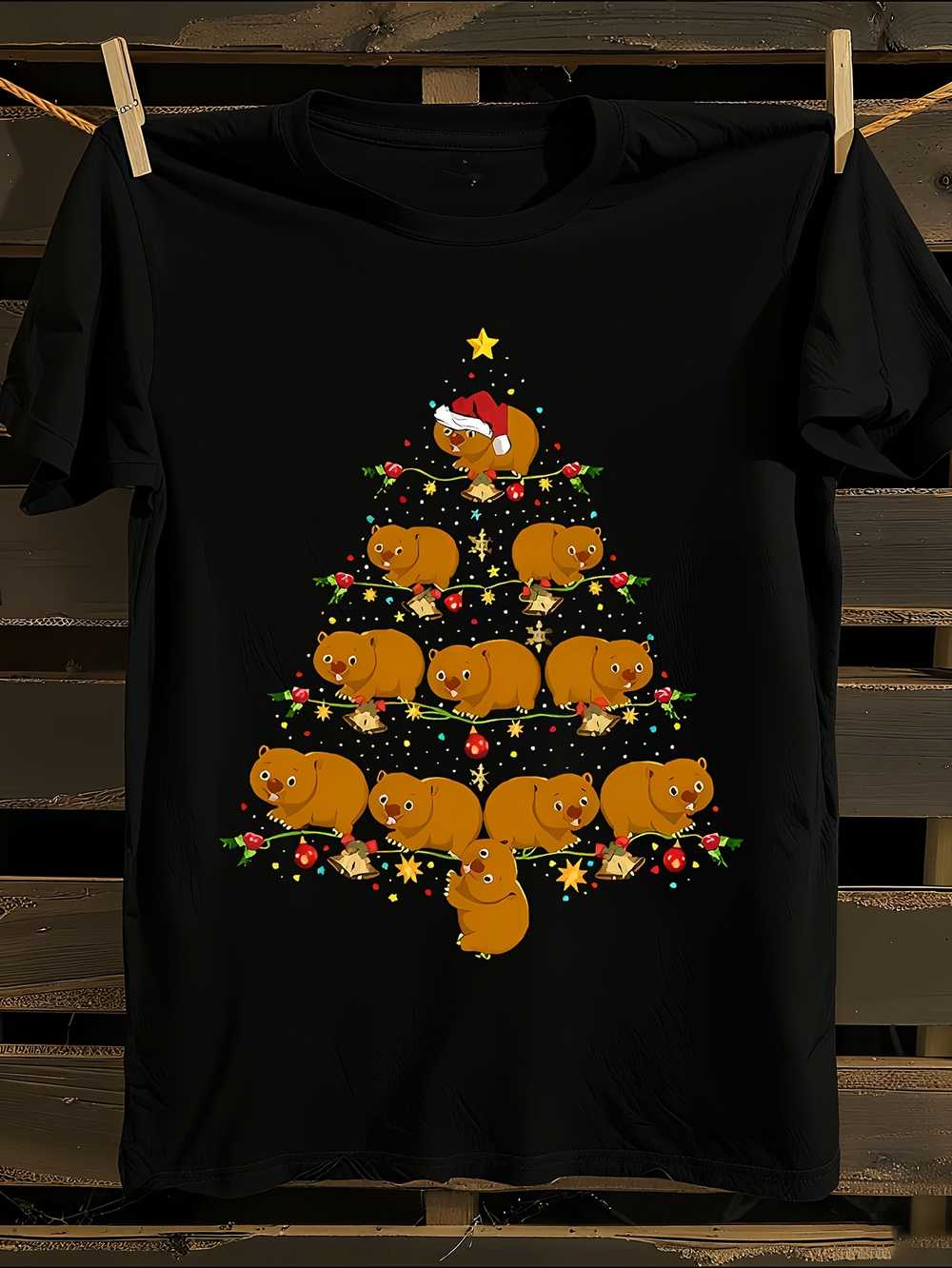 Green Wombat Xmas Tree Santa Hat T-Shirt XL