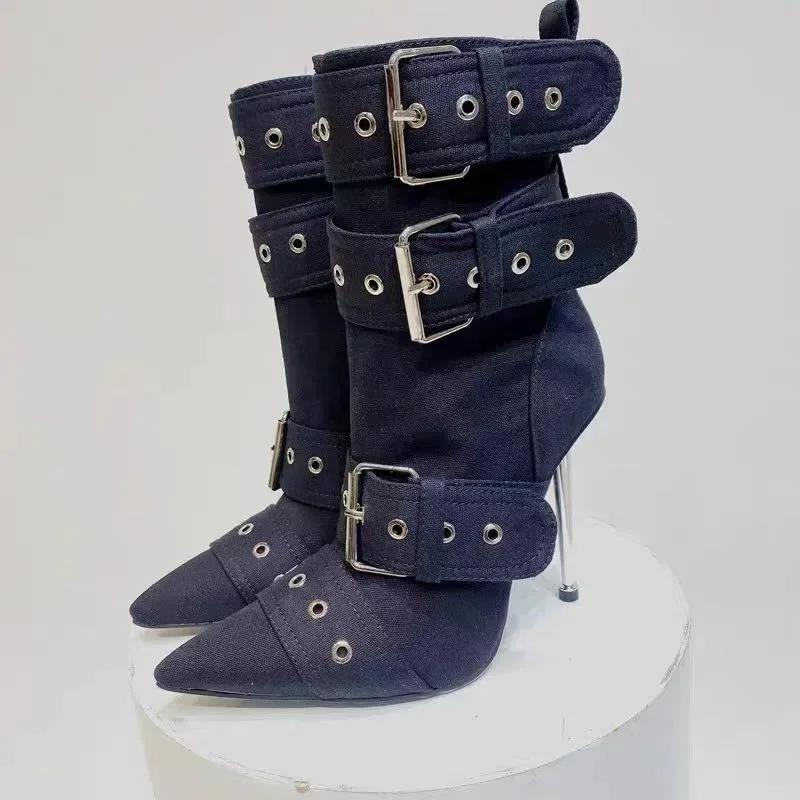 Mode Denim Metallnieten Gürtelschnalle Silber Schwarz Kurze Stiefel Damen Sexy Punk Stil Spitz 12cm Hochhackige Halbwadenstiefel Größe 34-43