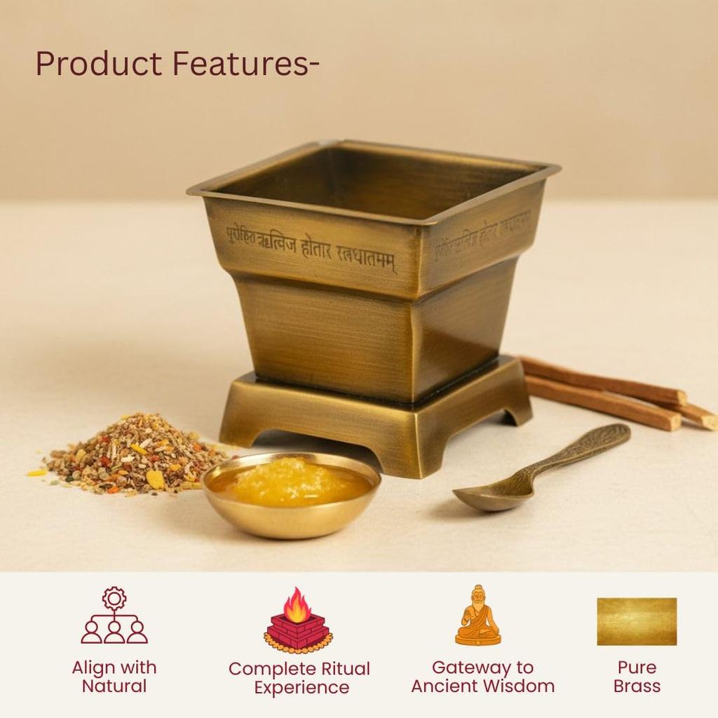 100% Pure Brass Havan Kund for Daily Pooja,Yagya & Agnihotra | Antique Finish with Vedic Shloka Engraving | Festival & Housewarming Gift Set