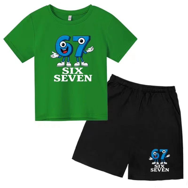 Children Summer Six Seven Cartoon Print Casual Set Clothes T-shirt+Shorts 2P Charming Boy Girl Toddler 3-12 Yrs Short-sleeved