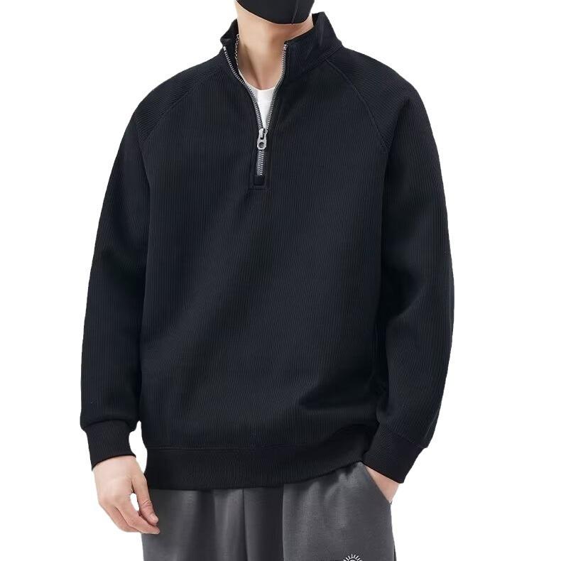 Textured semi-zipper stand-up neck sweater men's outdoor casual autumn and winter warm solid color loose men's top