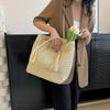 Yogodlns Women Hand Woven Tote Bag Solid Color Large Capacity Square Handbag Straw Shoulder Bag with Tassel Pendant