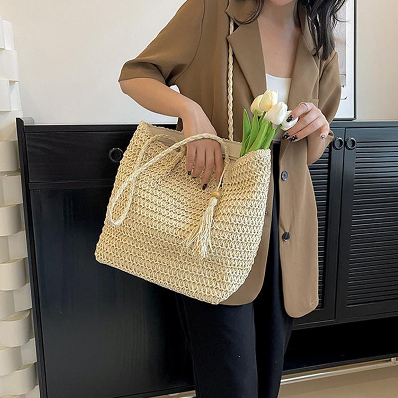 Yogodlns Women Hand Woven Tote Bag Solid Color Large Capacity Square Handbag Straw Shoulder Bag with Tassel Pendant