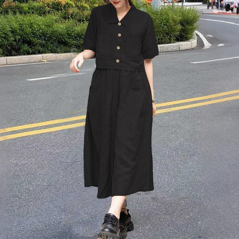 

ZANZEA Женский летний комплект из двух частей: блузка с коротким рукавом и длинные юбки 2XL чёрный