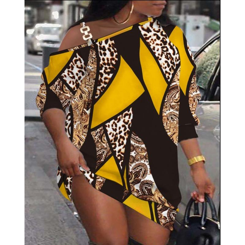 YYFS Women's Fashion Summer Spring Leopard Print Short Sleeve Oblique Collar Loose Waistline Casual Dresses