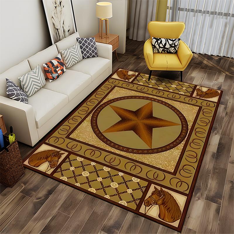 Western Star and Horse Design Rug - Non-slip rug suitable for living room and bedroom sofas.