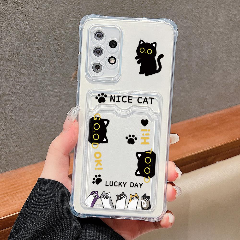 Silicone Cat Card Holder Case For Samsung A06 A05s A05 S24 Ultra S23 Plus S22 S21 S20 FE A10s A10 A04 A03s A04E A03 Funda Cover