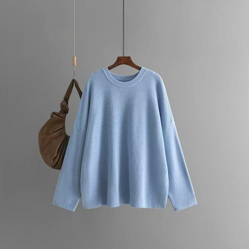 

Fashion Style New Arrival Loose round Neck Pure Color Long Sleeves Casual Sweater Sweater Loose Knit Sweater Light blue All yards