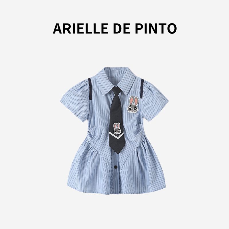 French Arielle De Pinto Girls Preppy Style Dress, Summer Versatile Striped Shirt Dress Blue 90