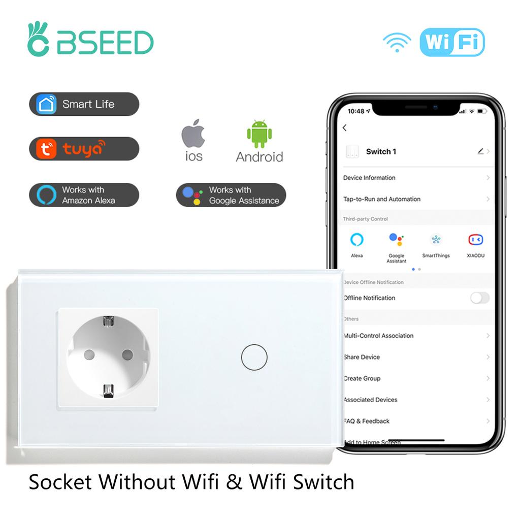 BSEED  Wifi 1/2/3Gang Smart Touch Switches 1/2/3Way Wall Light Switches Tuya Smart Life App Control Plus Sockets EU Standard