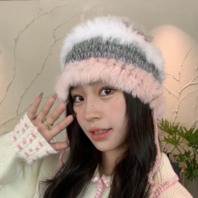 Autumn and winter dopamine stripes contrasting colors plush fisherman's hat children's warm ear protectors knitted hat versatile strap wool hat