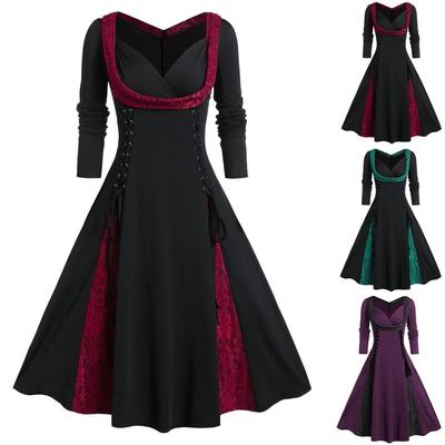 Women's V-Neck Lace Patchwork Button Long Sleeve Women's Dress Pleated Dress