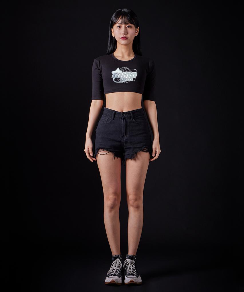 ASTRAL PROJECTION Mind Travel Supima Spandex 5-Quarter Sleeve Short Crop Top_Black