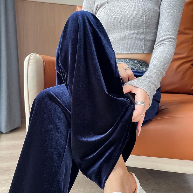 

Women s High-Waisted Gold Velvet Wide-Leg Pants: Autumn/Winter Color Block, Floor-Length, Flowing, Casual Fit S