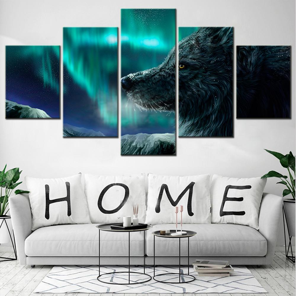 

Aurora Borealis Wolf Wall Art Canvas Set Landscape Painting Animal Poster Modern Home Decor for Teenager Bedroom Pictures 20X35 20X45 20X55cm