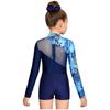 Ensemble Maillot de Gymnastique Danse Fille Manches Longues Impression Papillon Strass Fermeture Éclair Dorsale Body Short Bandeau pour Cheveux