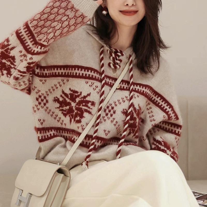 Vintage Christmas red top autumn and winter new lazy wind loose soft waxy knitted hoodie sweater women