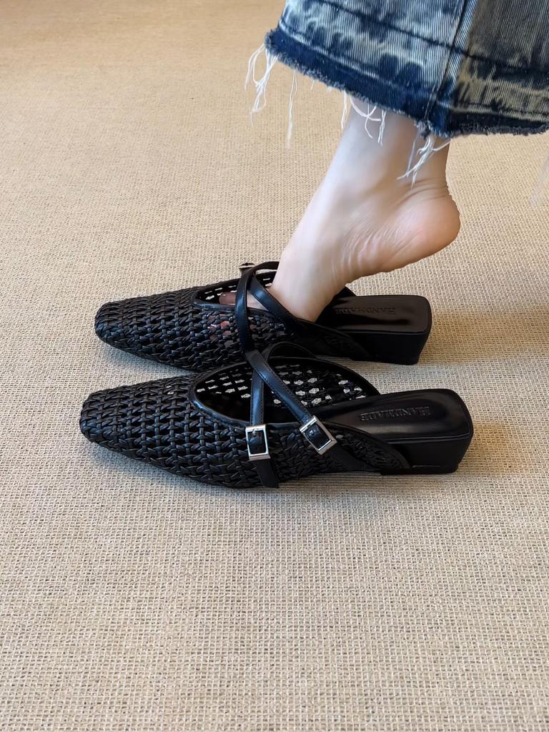 Simple Square Head Woven Hollow Wedge Heel Sandals Women's 2025 Summer Versatile Outer Wear Cross Buckle Bag Head Slippers Women