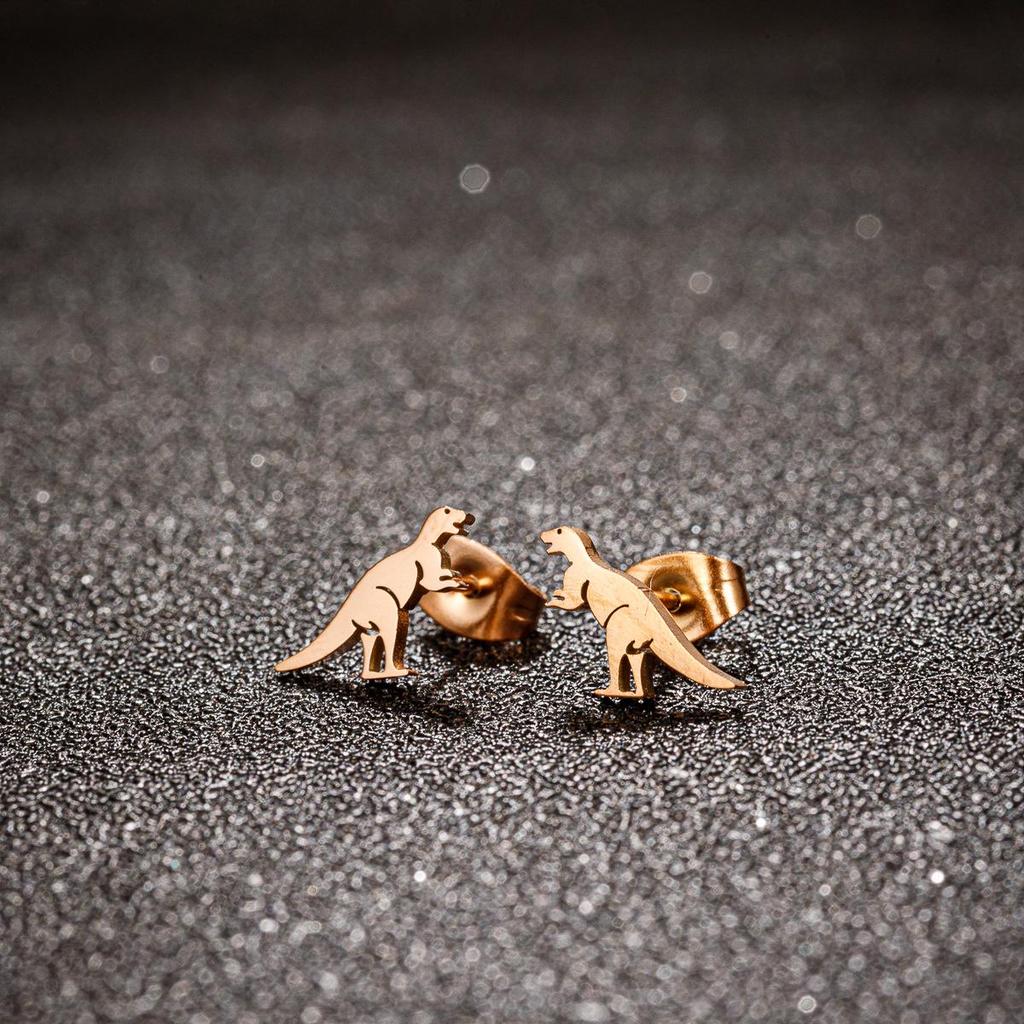 Korean-Style Cute Dinosaur Stud Earrings for Women - Adorable Mini Animal Cartoon Designs In Stainless Steel.