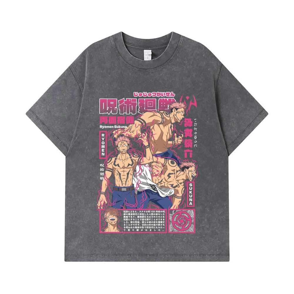 275 GSM Washed T-shirts 100% Cotton Jujutsu Kaisen V45 Sukuna Print Unisex Heavy Cotton T Shirt