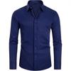 Men's Long Sleeve Solid Color Shirt, 4-Way Stretch, Natural Color Button, Slim Fit, Wrinkle Free, Business Casual Dress Shirt